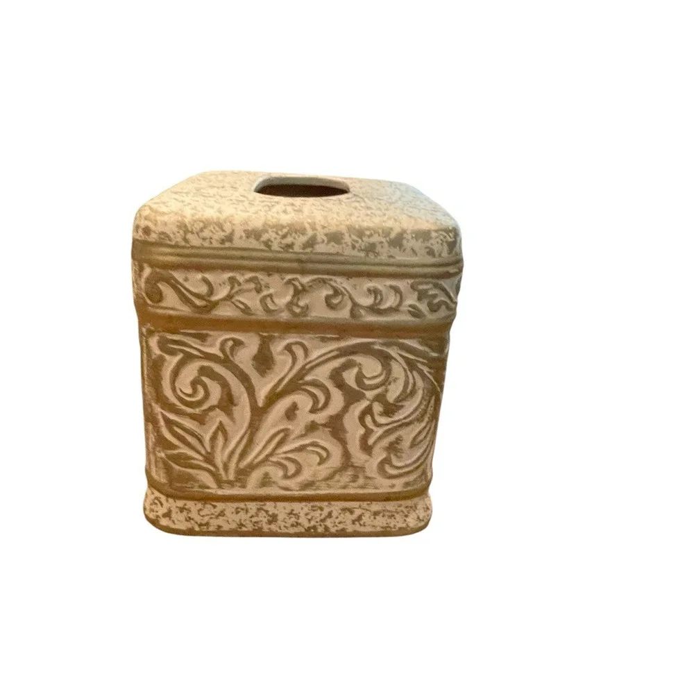 Vintage Clay Tissue Box Cover French Provincial Scrolling Leaf Cream Gold